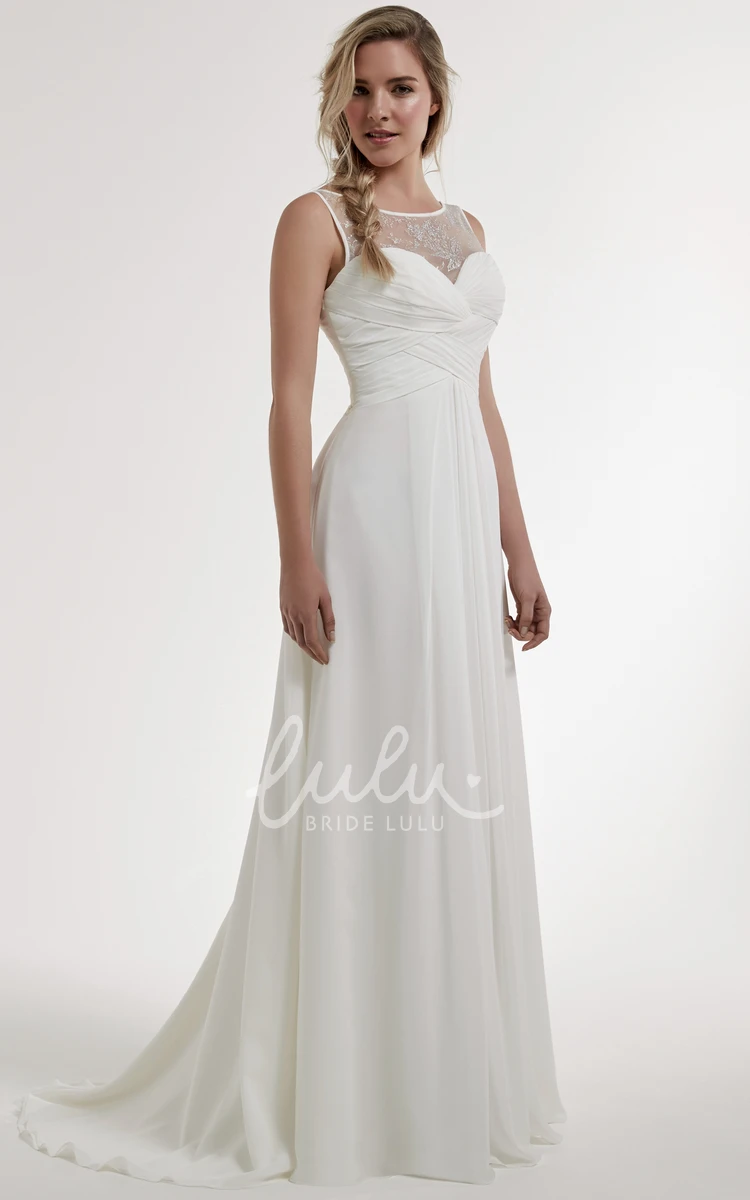 Long Beaded Chiffon A-Line Wedding Dress with Bateau Neckline and Low-V Back Unique Bridal Gown