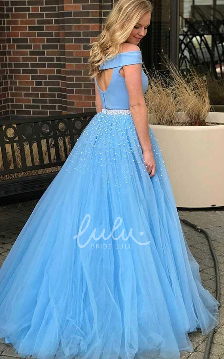 Satin Off-the-shoulder Two Piece Prom Dress with Tulle Unique Women's Dress