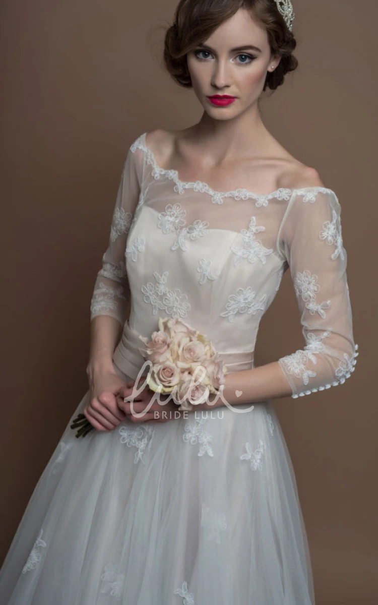 Bateau-Neck Tulle A-Line Wedding Dress with Appliques and 3-4 Sleeves