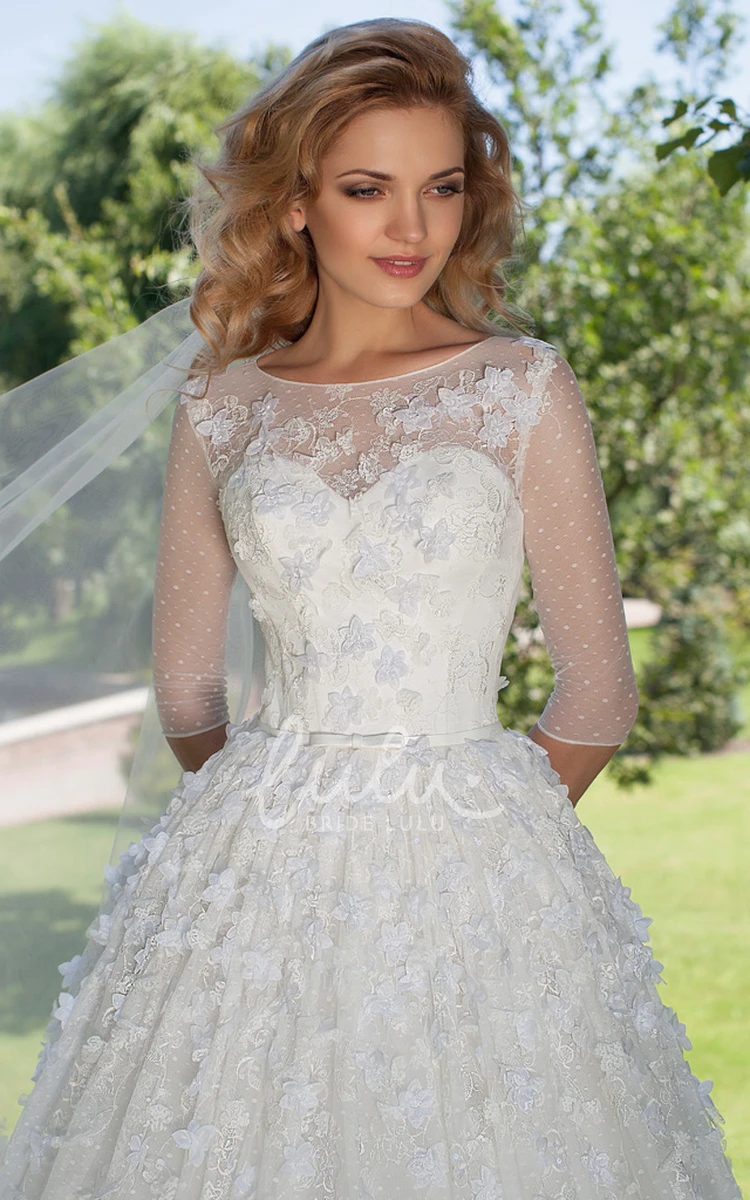 Tulle A-Line Wedding Dress with Bateau Neckline and Half Sleeves