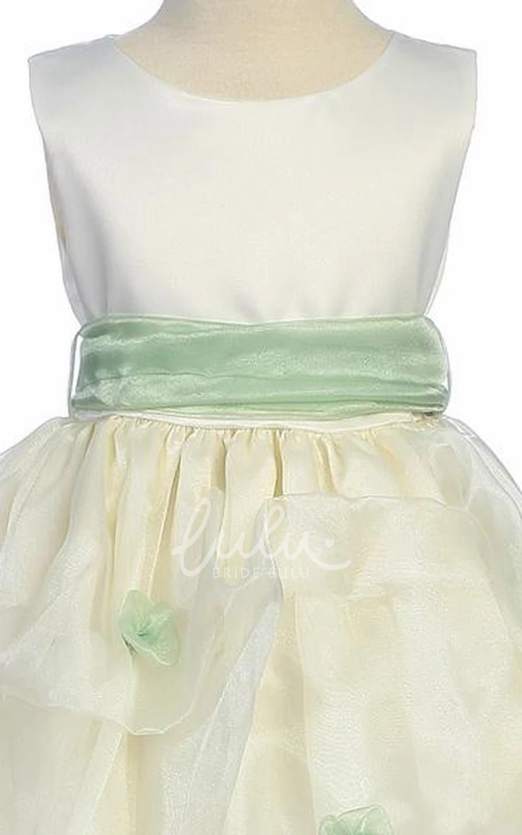 Satin and Organza Tea-Length Flower Girl Dress with Ruched Detail