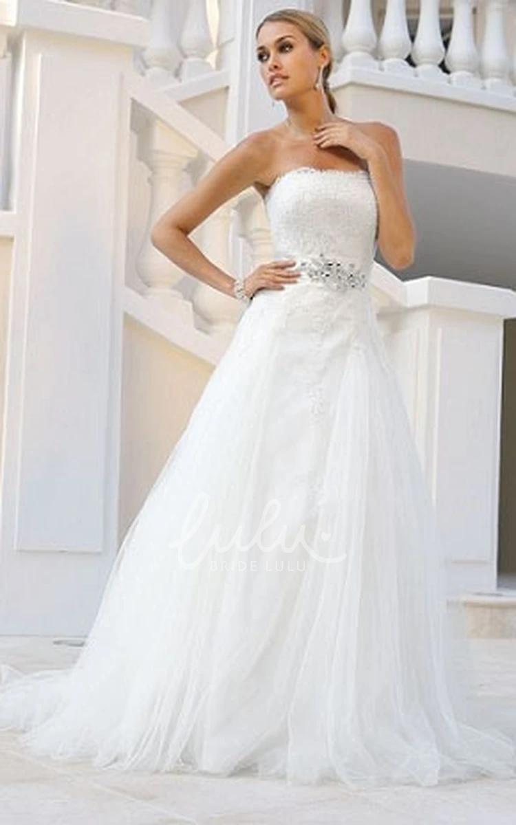 Tulle Strapless A-Line Wedding Dress with Waist Jewelry