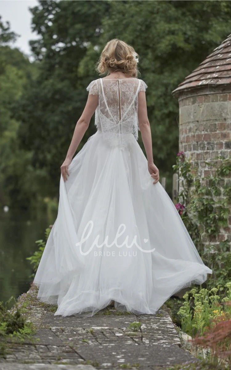 Illusion Lace Tulle Wedding Dress with Cap-Sleeves and Jewel Neckline