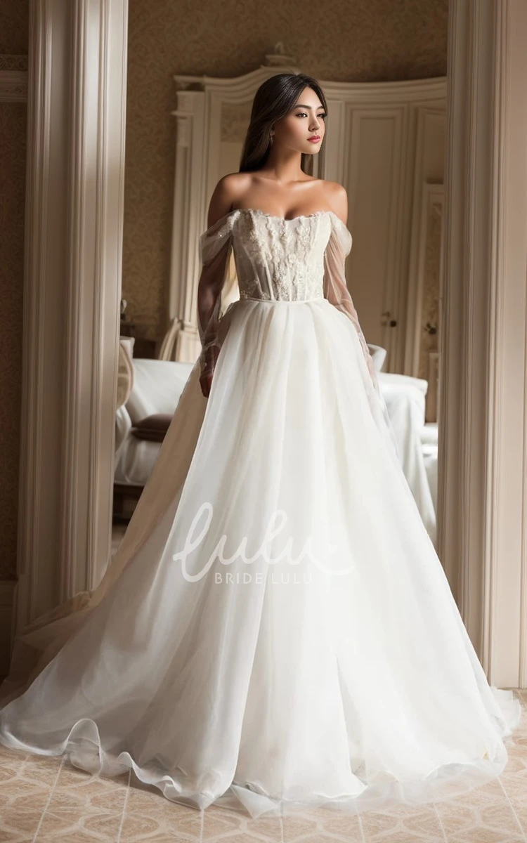 Off-the-shoulder A-Line Lace Chiffon Wedding Dress Long Sleeve Appliques Open Back Bridal Gown with Train