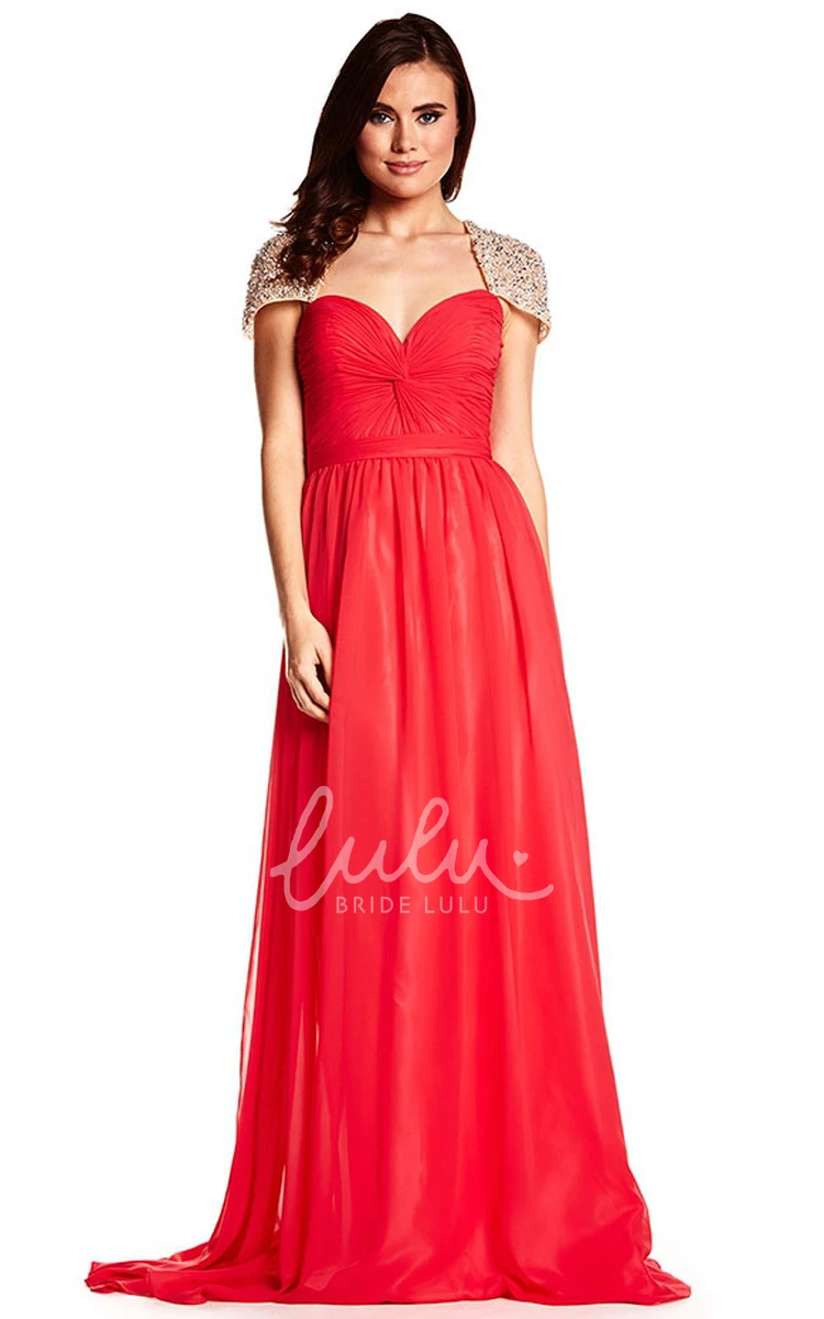 Maxi A-Line Chiffon Prom Dress with Beading Cap-Sleeve Sweetheart Keyhole Back