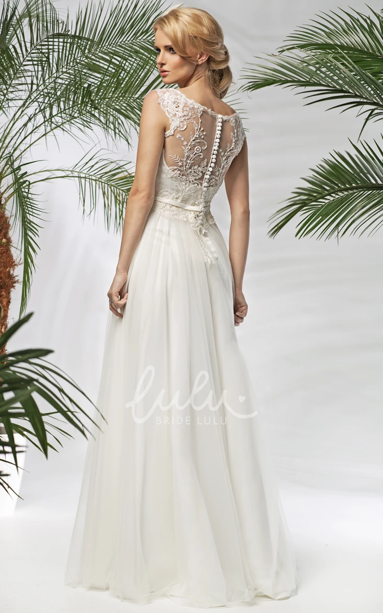 Tulle&Lace V-Neck Wedding Dress with Cap Sleeves and Bow Floor-Length