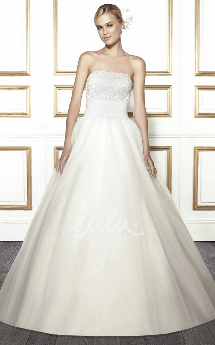 Long Strapless Appliqued Satin Wedding Dress with Court Train Ball-Gown Bridal Gown