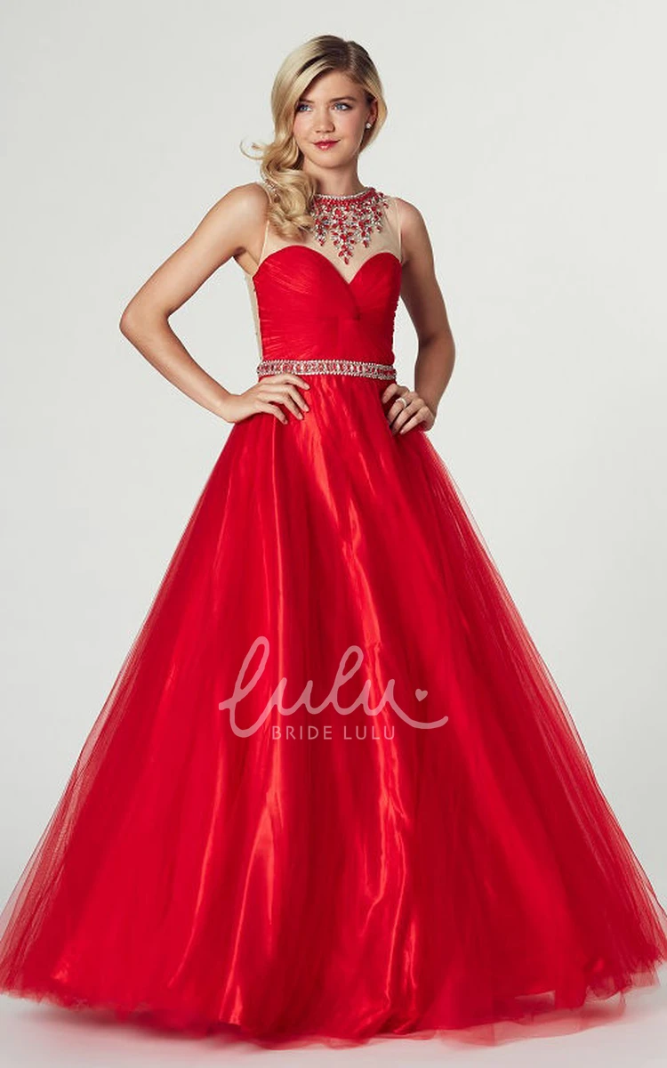 Maxi High Neck Sleeveless Ruched A-Line Tulle Prom Dress