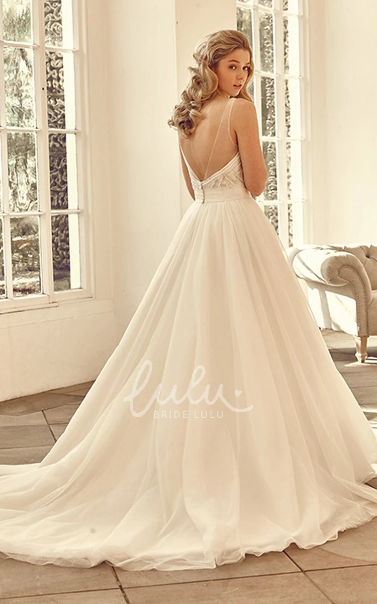 Beaded V-Neck Tulle Wedding Dress with Court Train and V-Back 2024 Elegant