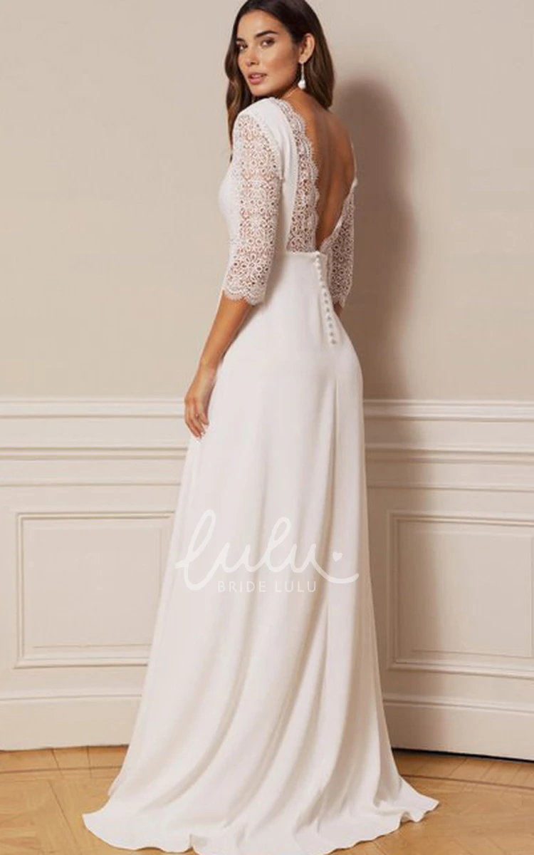 Vintage Chiffon Lace A Line Wedding Dress with Deep-V Back and V-neck Timeless and Modern