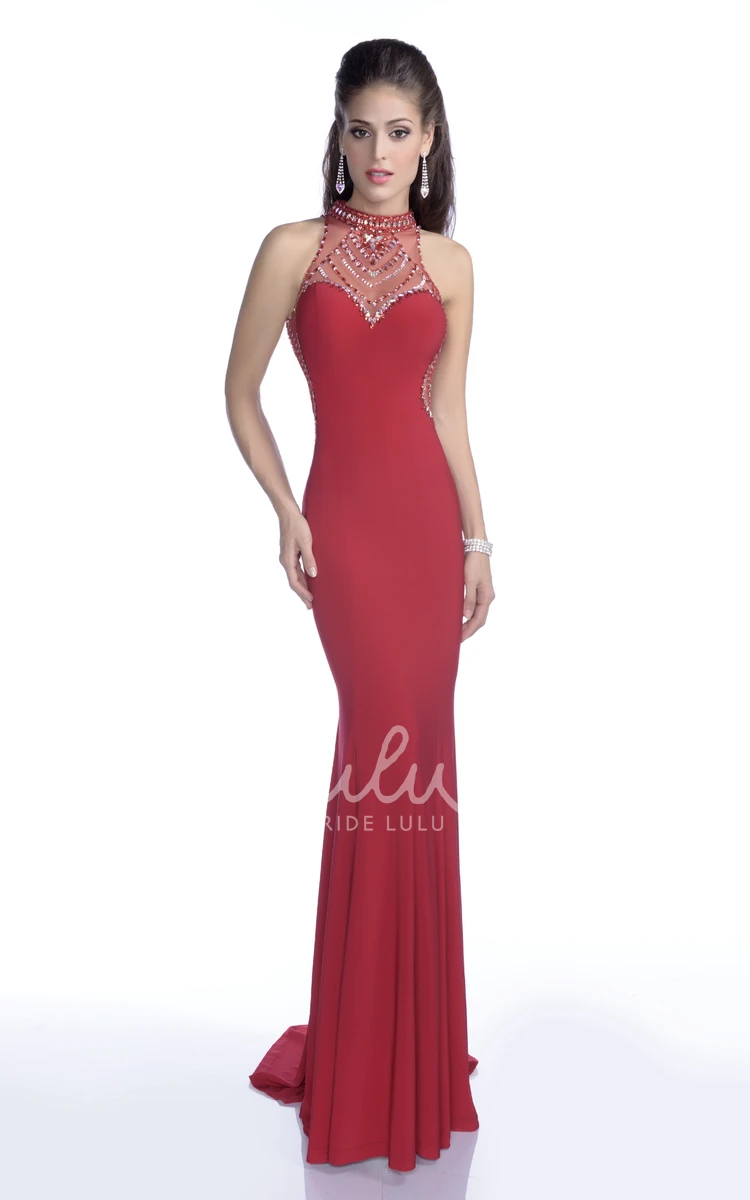 Jersey Sleeveless High Neck Prom Dress with Rhinestones Modern Prom Dress