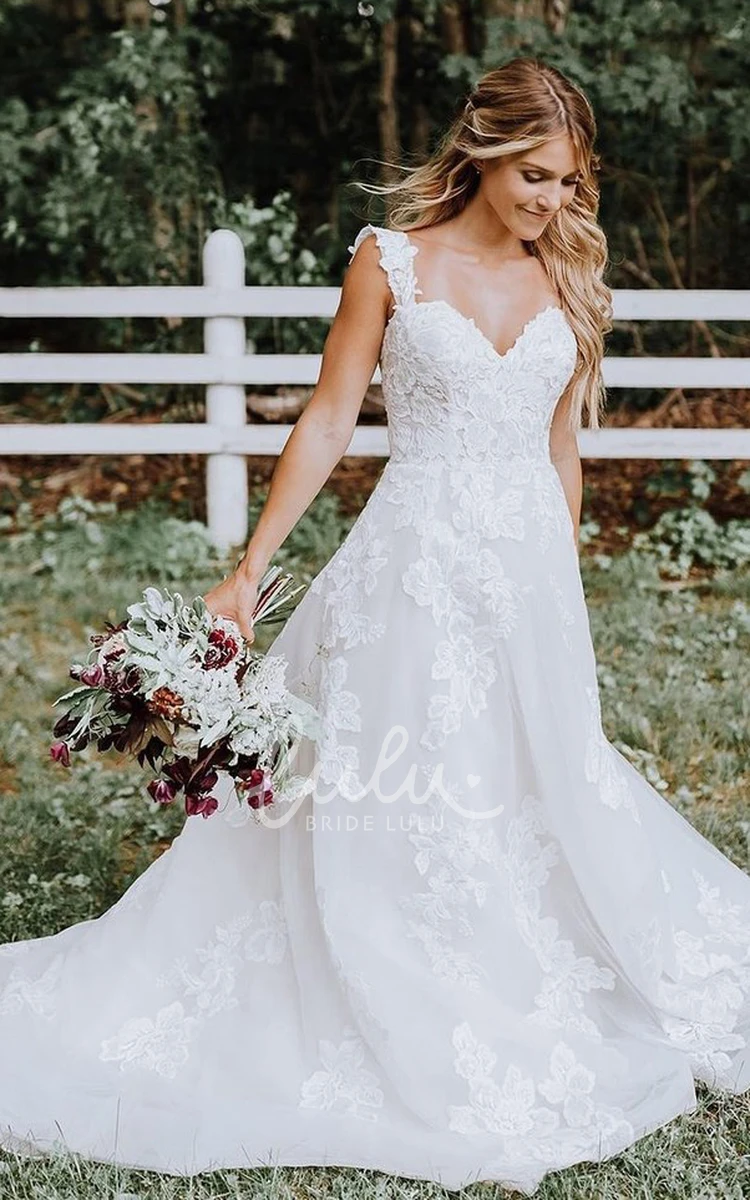 Bohemian Lace A-line Wedding Dress with Tulle Skirt and Straps