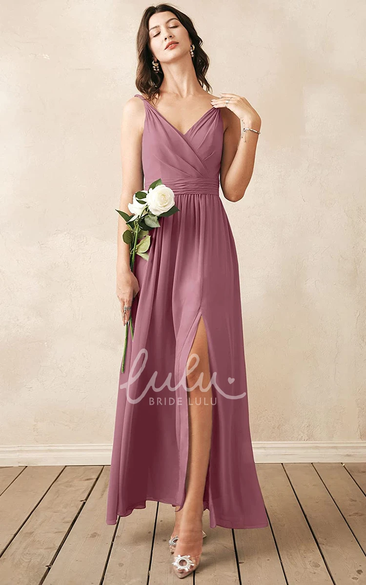 V-Neck Chiffon Ankle-Length Bridesmaid Dress with Ruching Sexy & Elegant