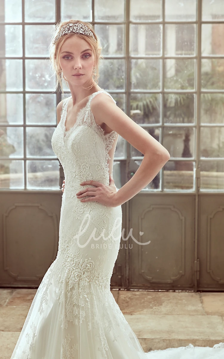 Chapel Train Lace Wedding Dress with Strap Neck Gorgeous Bridal Gown