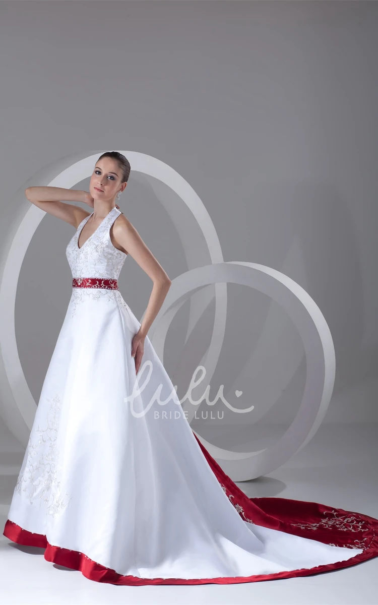 Satin Halter A-Line Wedding Dress with Beading and Sash Elegant Wedding Dress 2024