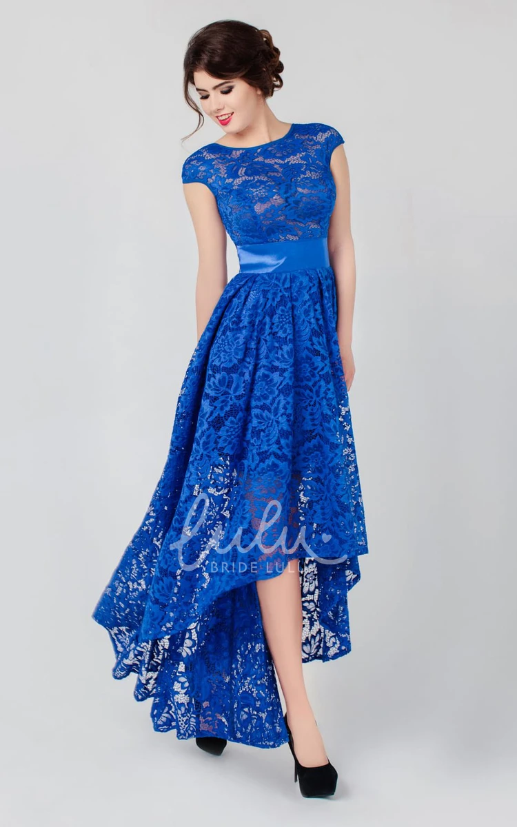 High-low Lace Dress with A-line Silhouette High Neck and Short Sleeves