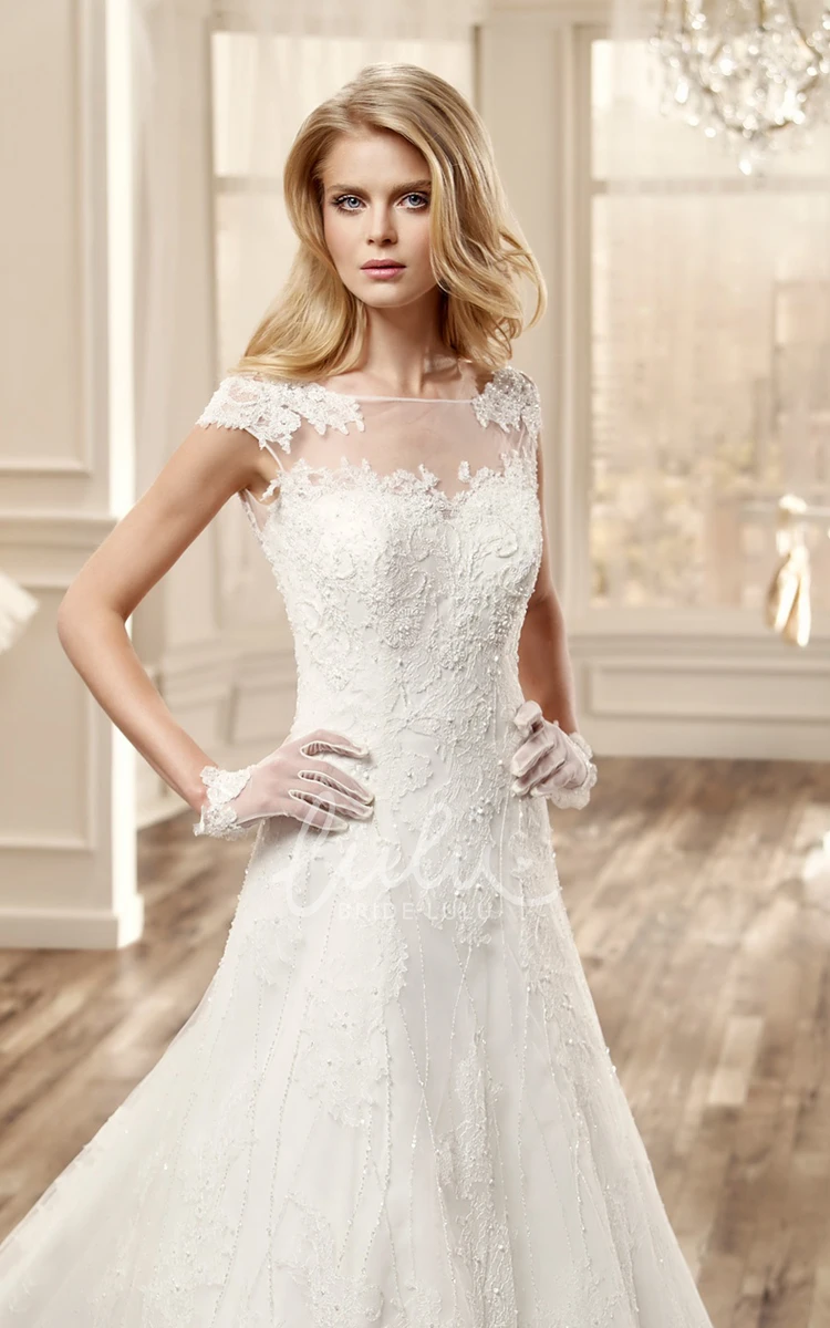 Illusion Neckline Wedding Dress with Cap Sleeves and Court Train Modern Bridal Gown