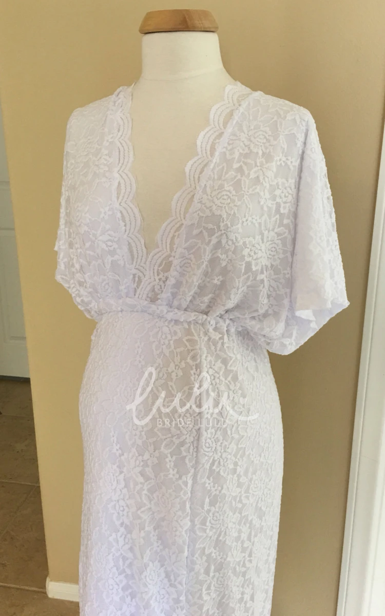 Lace Scalloped V-neck Short Sleeve Maternity Wedding Dress A-line Split Front