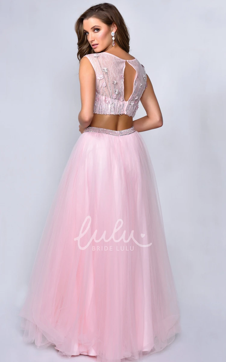 Lace and Beading A-Line Tulle Formal Dress with Scoop-Neck and Illusion Design