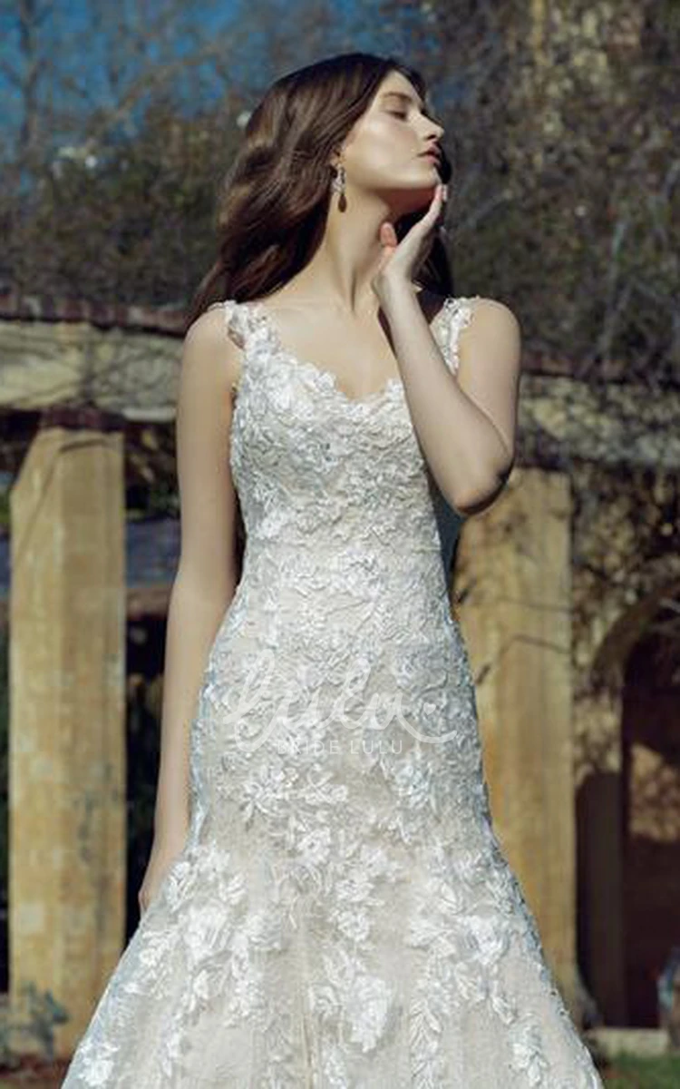 V-Neck Lace Trumpet Wedding Dress with Court Train Sleeveless and Deep-V Back