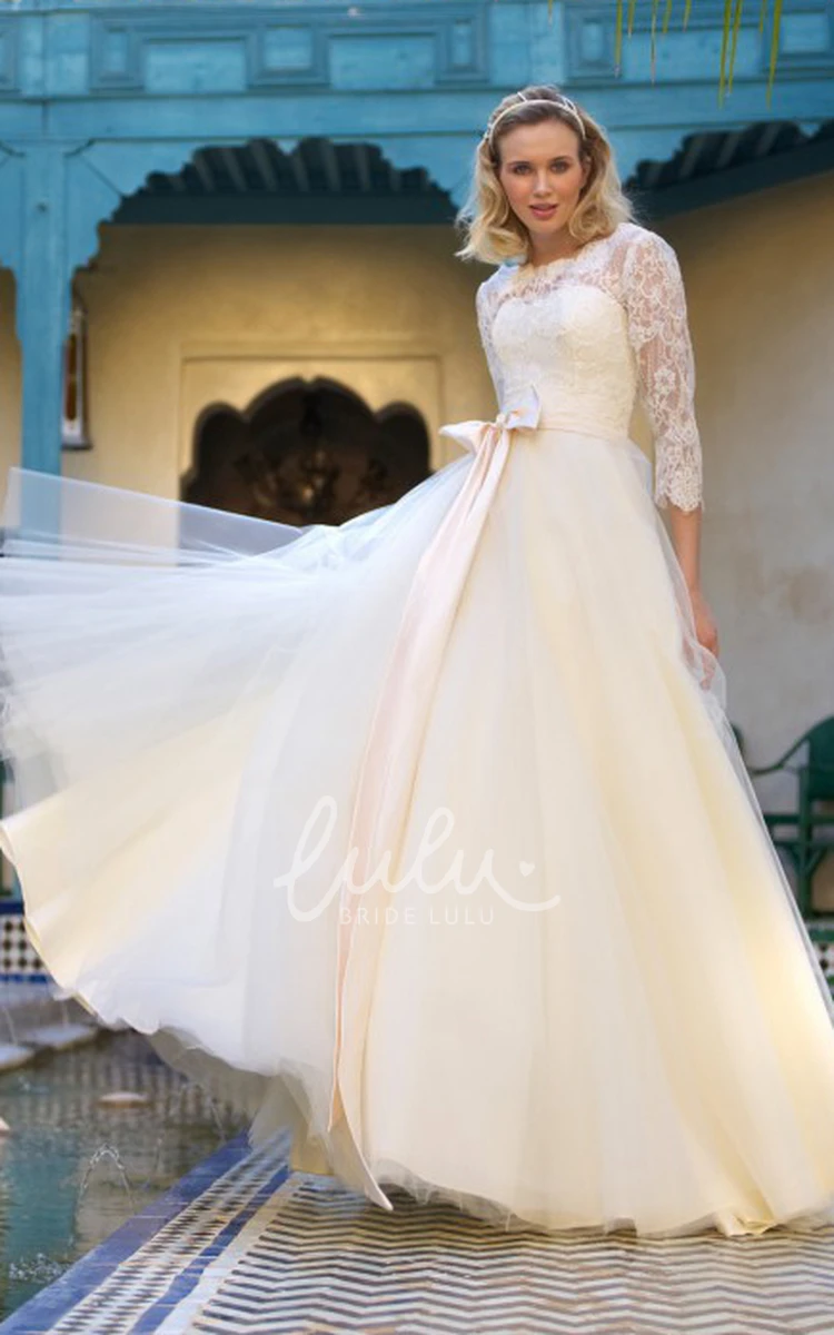 Bowed Tulle A-Line Wedding Dress with Jewel Neck and Lace