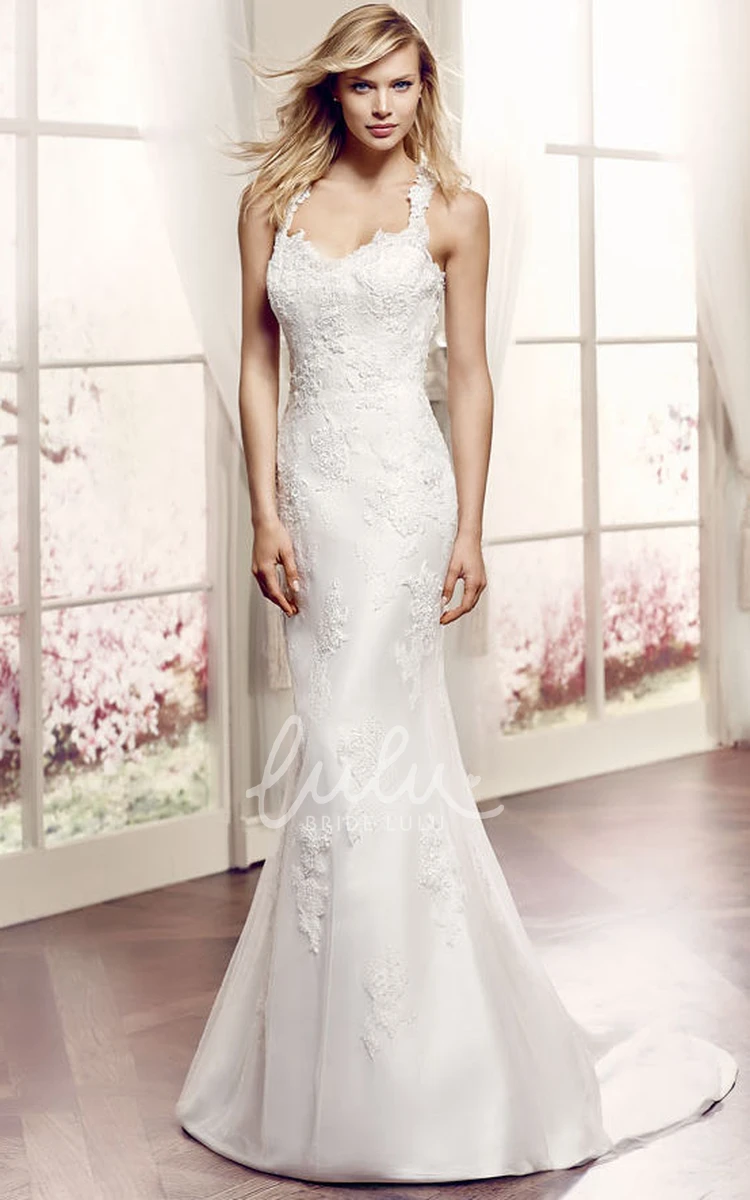 Appliqued Lace Wedding Dress with Illusion and Court Train Maxi Straps