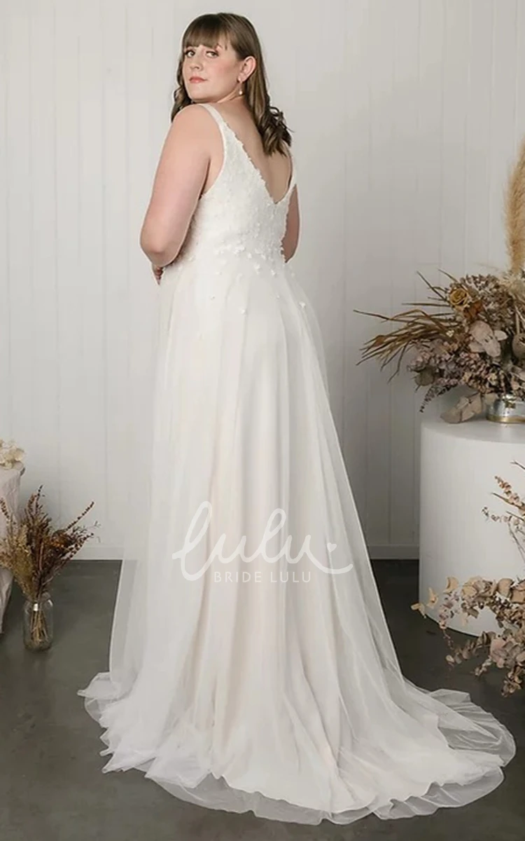 Bohemian Lace V-neck Plus Size Wedding Dress Sweep Train A Line