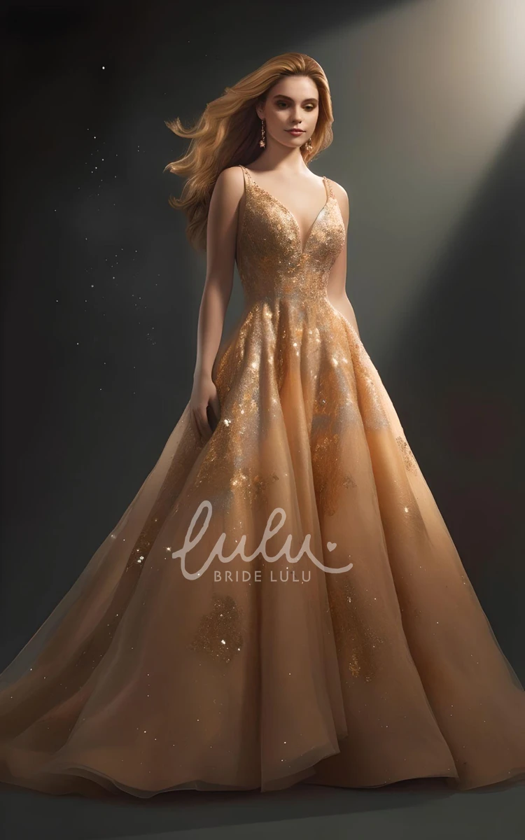Sexy Gold Lace & Sheer Tulle Cut-out Sleeved Prom Dress - VQ