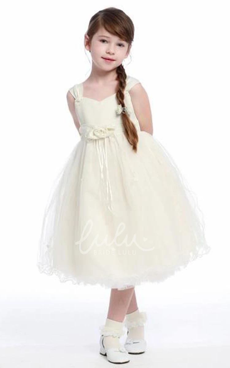 Tea-Length Tulle Satin Floral Flower Girl Dress Elegant 2024