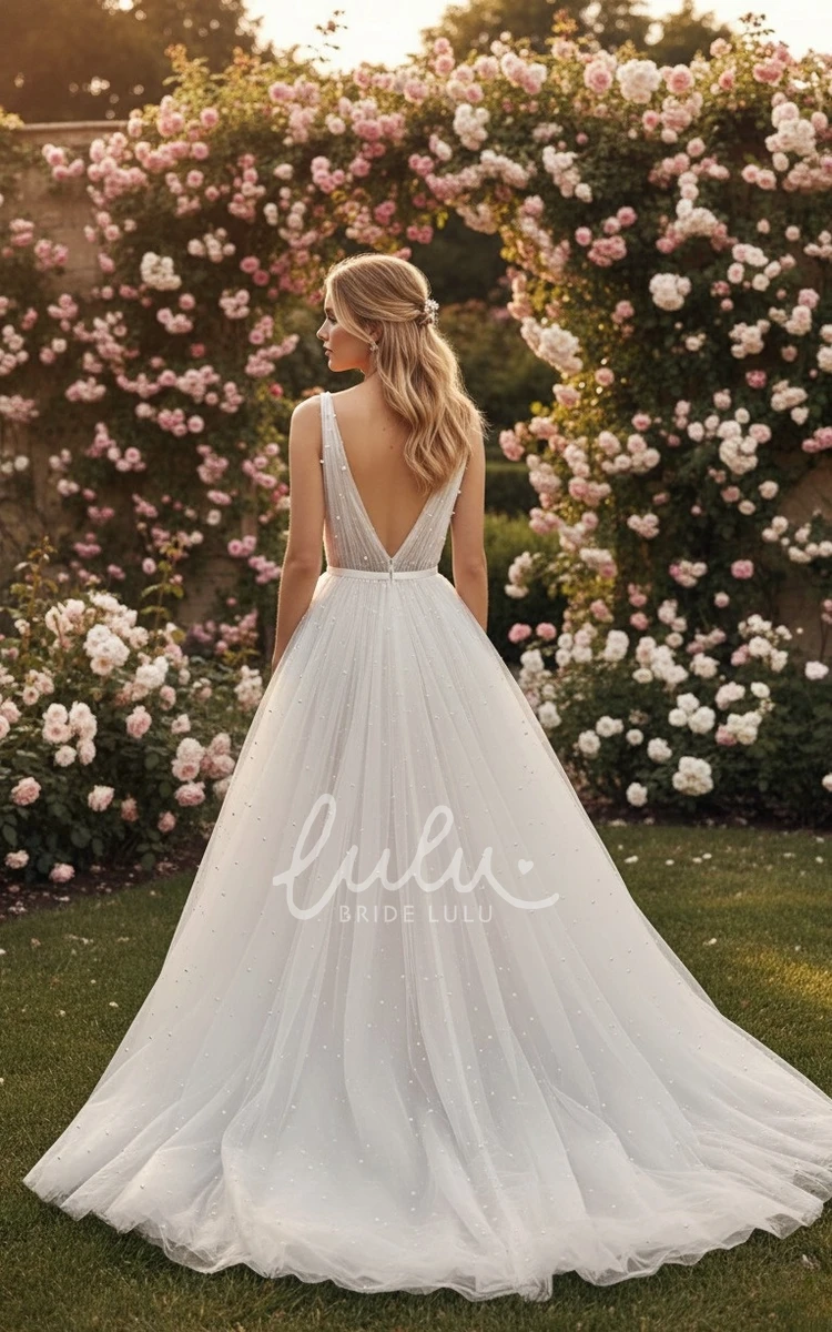 Glamorous A-Line Plunging Neckline Straps Tulle Wedding Dress Ethereal Elegant Plus Size Floor-length Sleeveless Backless Beaded Bridal Gown with Sash