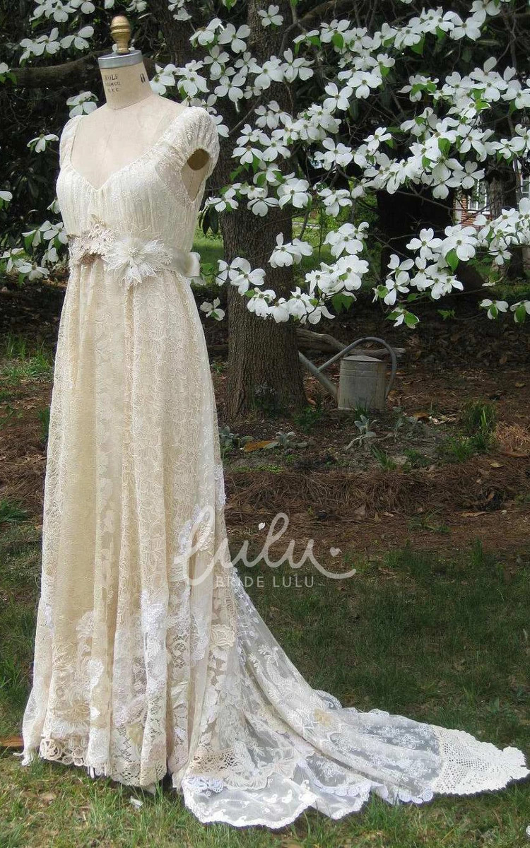 Vintage Cap-Sleeve Deep-V-Neck Lace Wedding Dress with Flower and Sweep Train