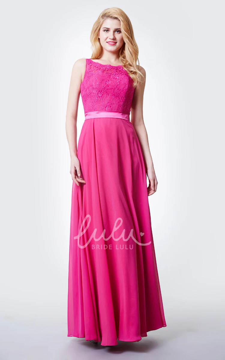 Chiffon Lace Jewel Neck Bridesmaid Dress with Long Sleeves