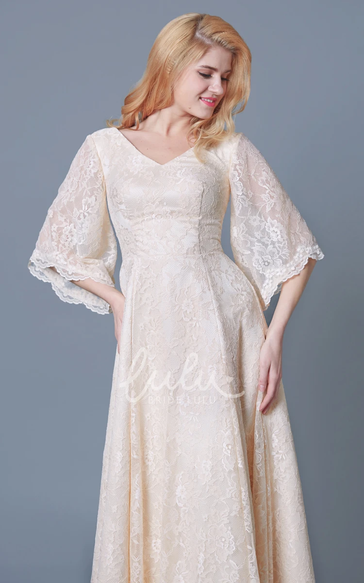 Long Lace Bridesmaid Dress with Bell Sleeves Vintage V Neck