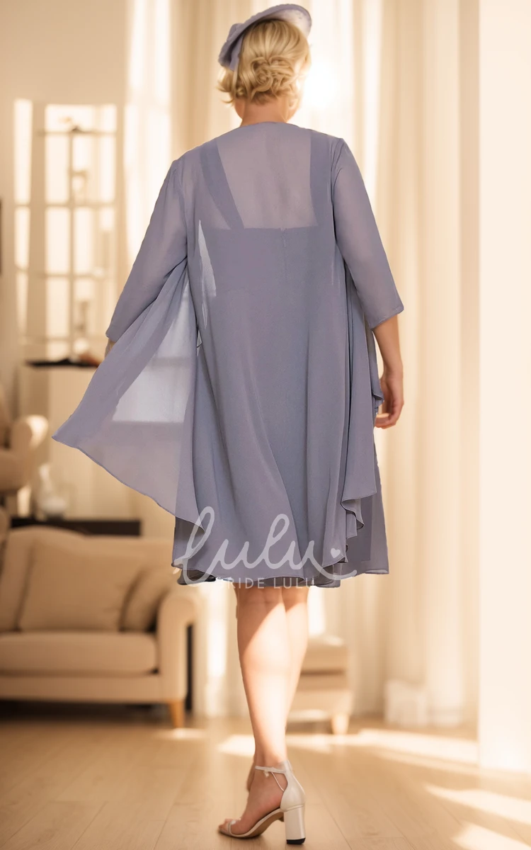 Two Pieces A-Line Chiffon Stormy Knee Length Mother of the Bride Dress with Jacket Stromy Square Neckline Sleeved Gown with Pleats