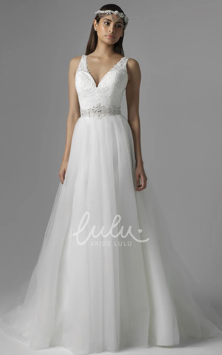 Jeweled V-Neck Tulle&Lace Wedding Dress with Court Train Elegant Bridal Gown