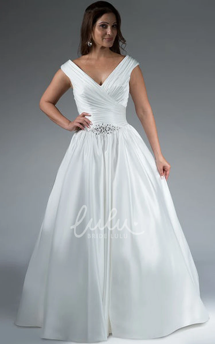 Crystal Cap Sleeve V Neck Taffeta Wedding Dress Ball Gown