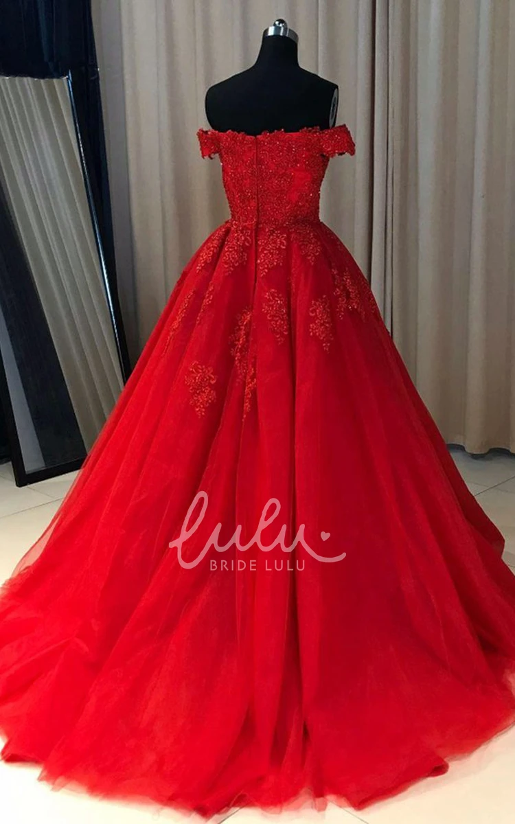 Off-Shoulder Lace Tulle Ball Gown Prom Dress with Cap Sleeves
