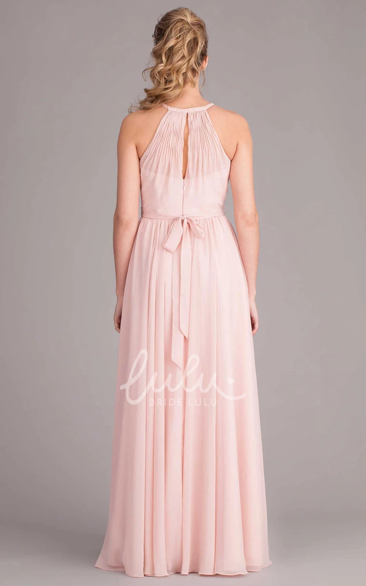 Sleeveless Scoop Neck Chiffon Bridesmaid Dress With Pleats and Bow