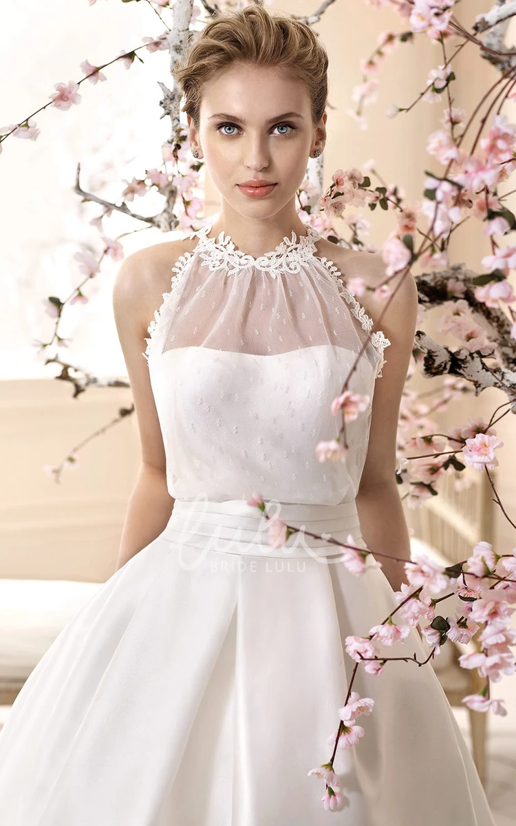 Sleeveless A-Line Satin Wedding Dress with High-Neck and Floor-Length Simple Wedding Dress