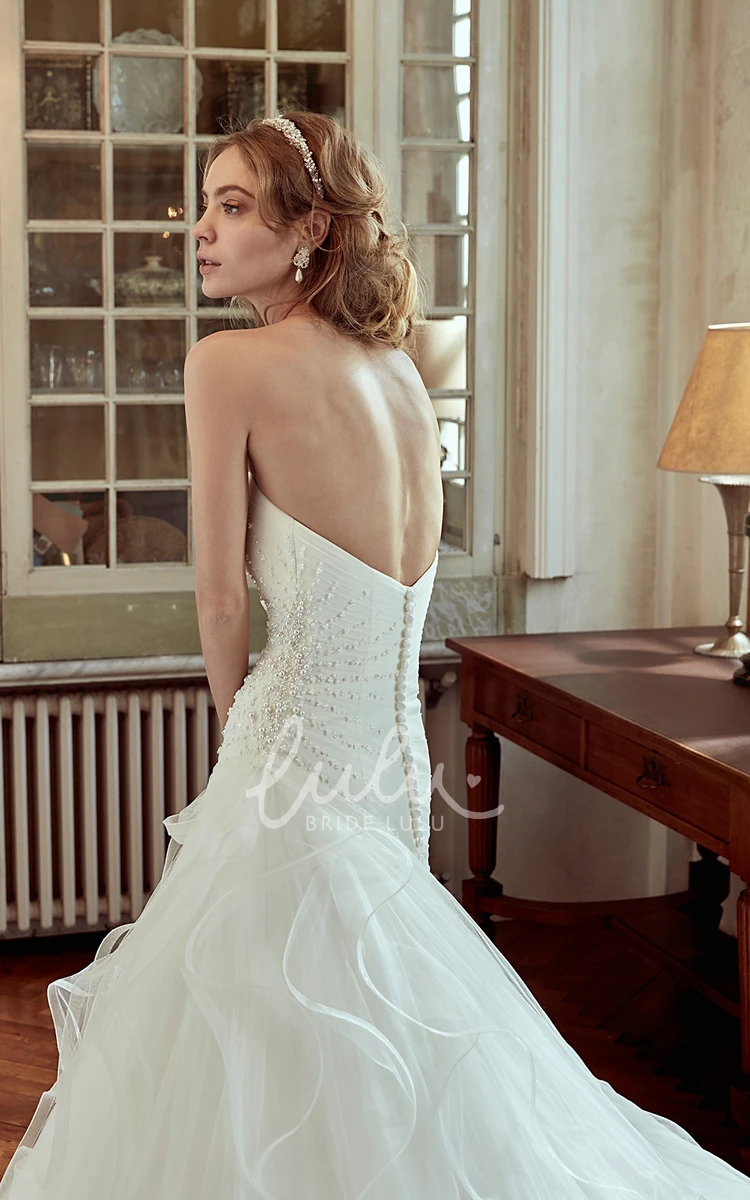 Pearl Embellished Strapless Wedding Dress with Side Draping