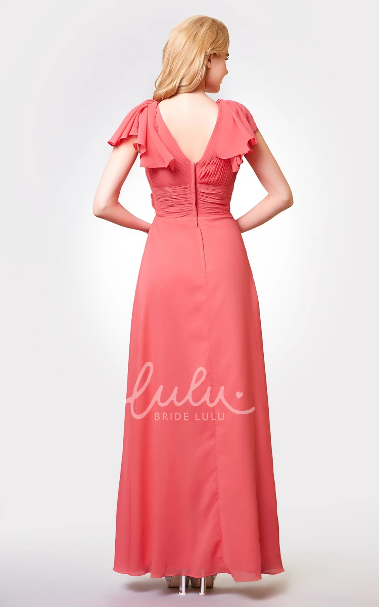 Ruched V-neck A-line Long Dress with Flower and Modern Chiffon