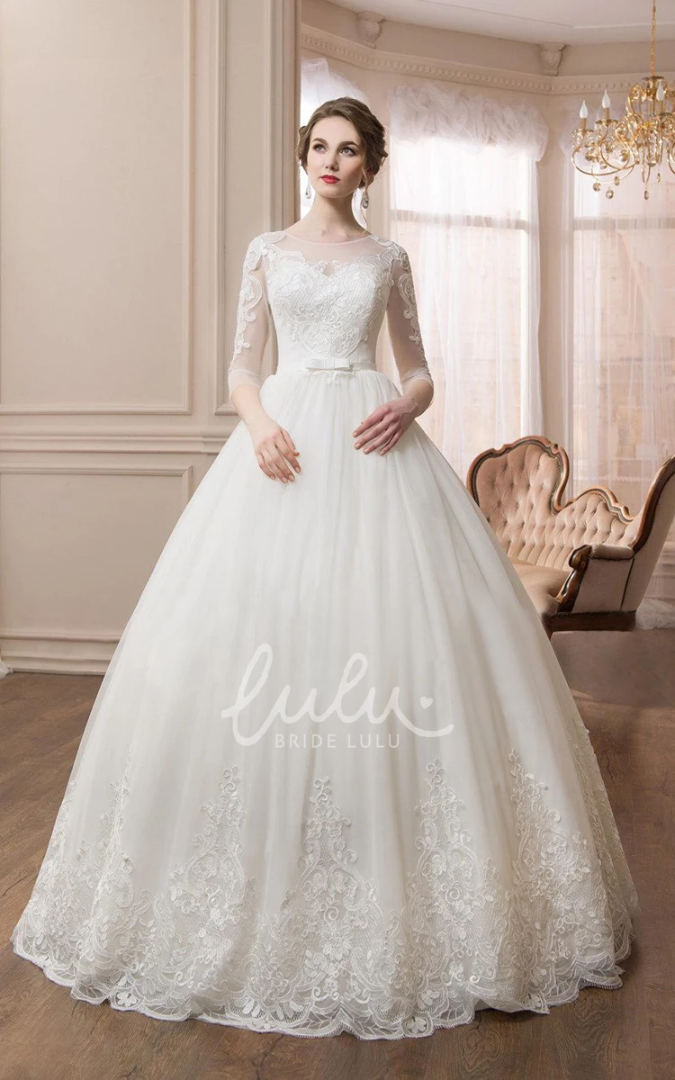 Illusion Sleeve Ball Gown Wedding Dress with Scoop Neck