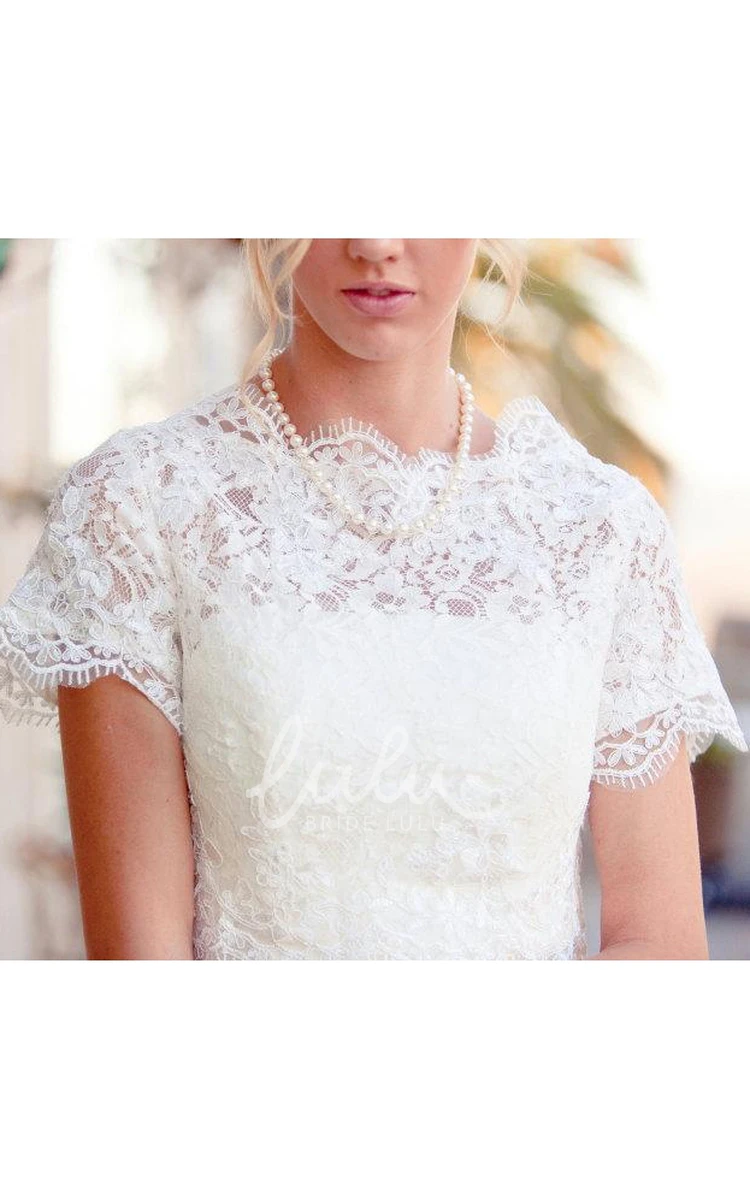 Lace Button Back Scalloped Sleeve Satin Wedding Dress