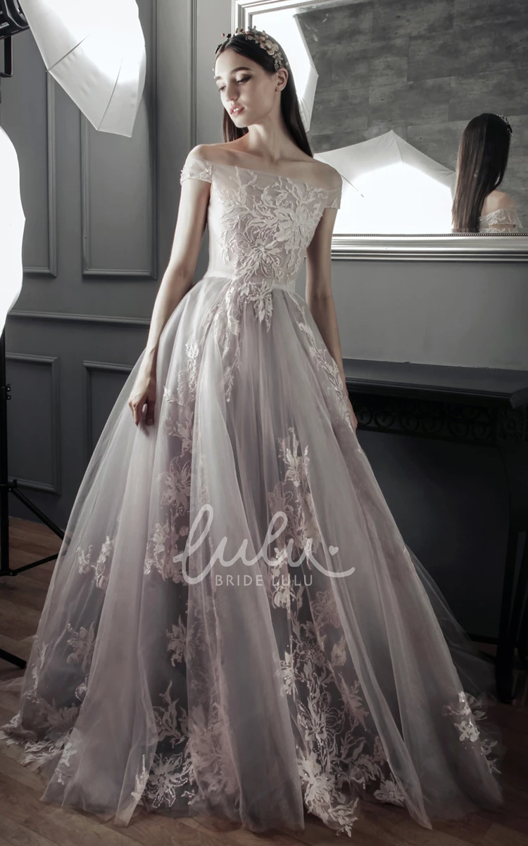 Off-the-shoulder Tulle Ball Gown with Appliques and Brush Train Modern and Romantic