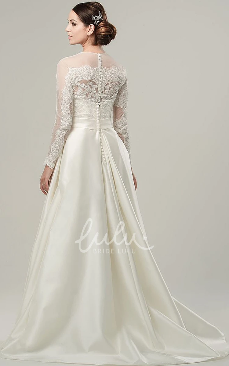 Illusion High Neck A-Line Satin Wedding Dress with Long Sleeves