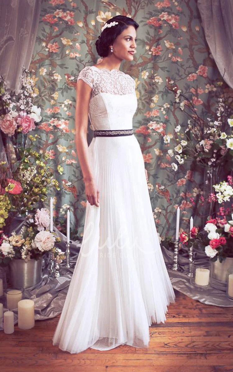 Chiffon Wedding Dress with Cap Sleeves and Button Back Bateau Neckline