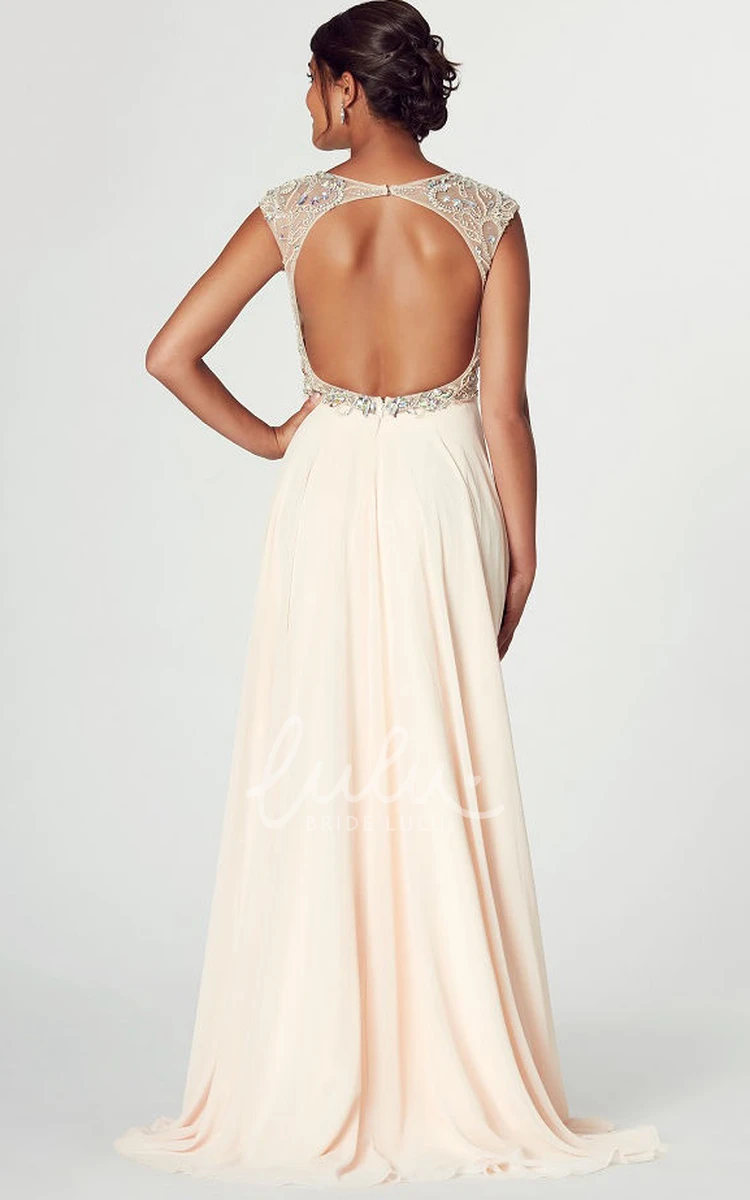 Chiffon V-Neck Crystal Cap Sleeve Prom Dress With Keyhole