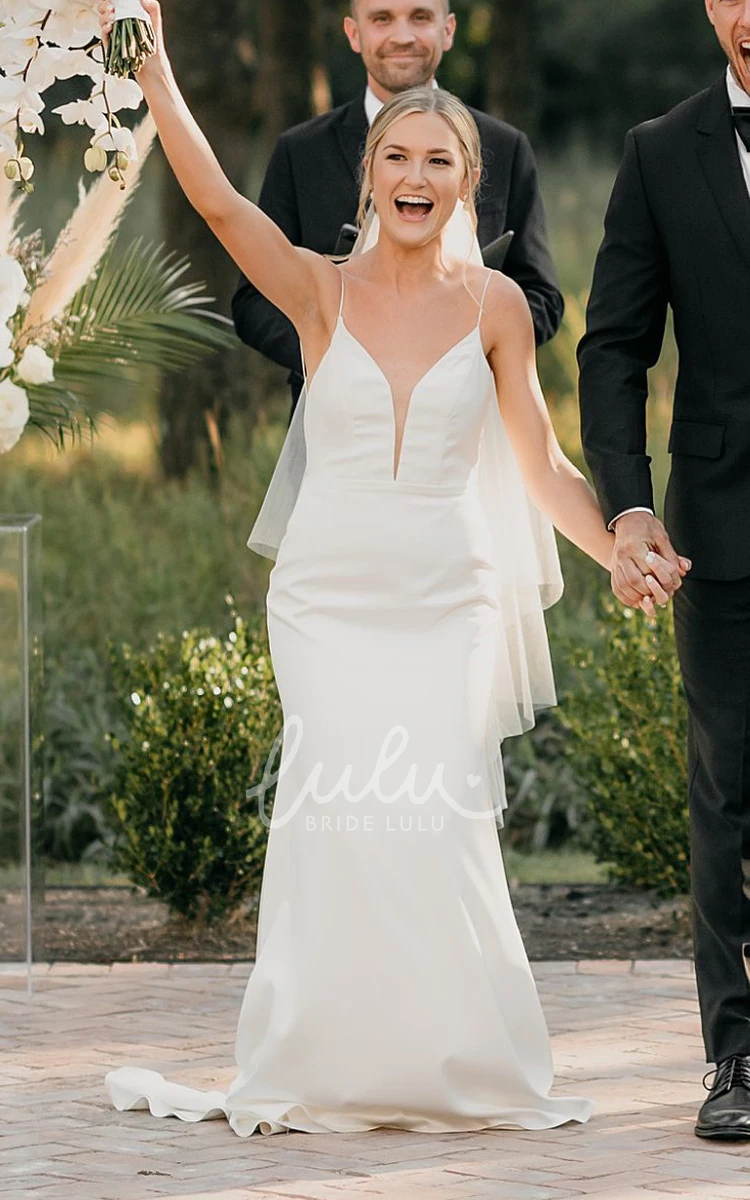 Romantic Plunging Neckline Satin Sheath Wedding Dress with Sweep Train