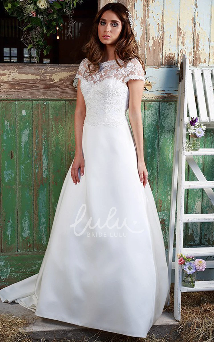 Short-Sleeve Satin&Lace Wedding Dress with Appliques Classic Bridal Gown