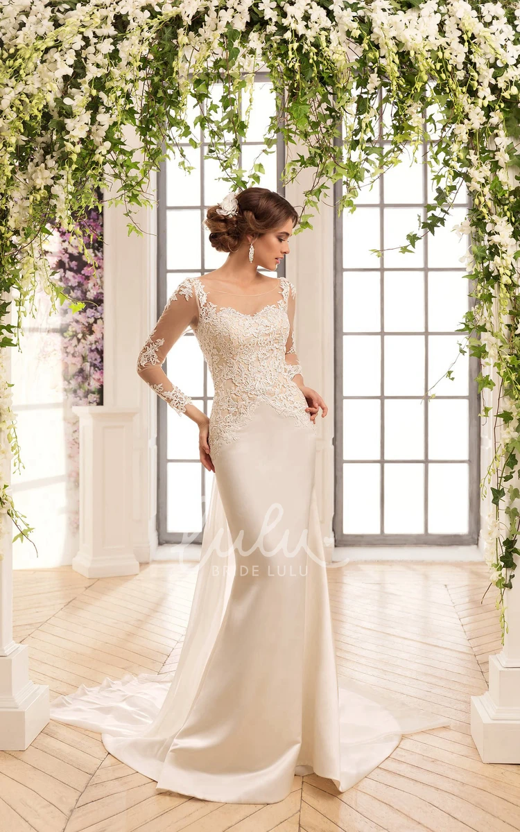 Lace Sheath Wedding Dress with Illusion Sleeves Keyhole Back and Bow Detail